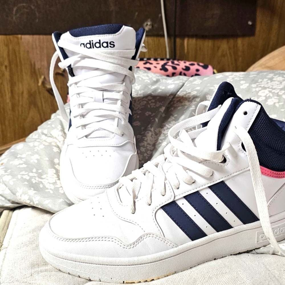 Woman's  High top Adidas, size 8, white,pink,and navy blue